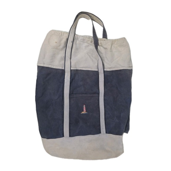Laundry Bag Beach Bag Blue White Drawstring Pocket Lighthouse Canvas - Picture 1 of 12